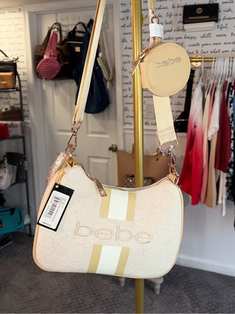 bebe Paisley Canvas Crossbody Bag with Coin Pouch Almond